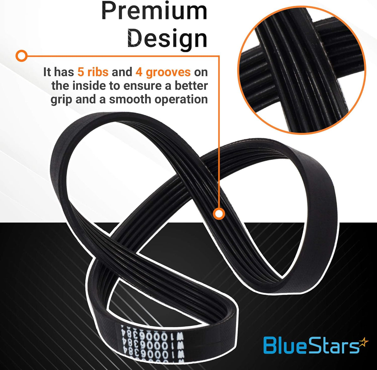 Washer drive belt W10006384 showing 5-rib design for Whirlpool, Maytag, and Kenmore washing machines.