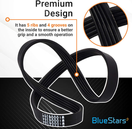 Washer drive belt W10006384 showing 5-rib design for Whirlpool, Maytag, and Kenmore washing machines.