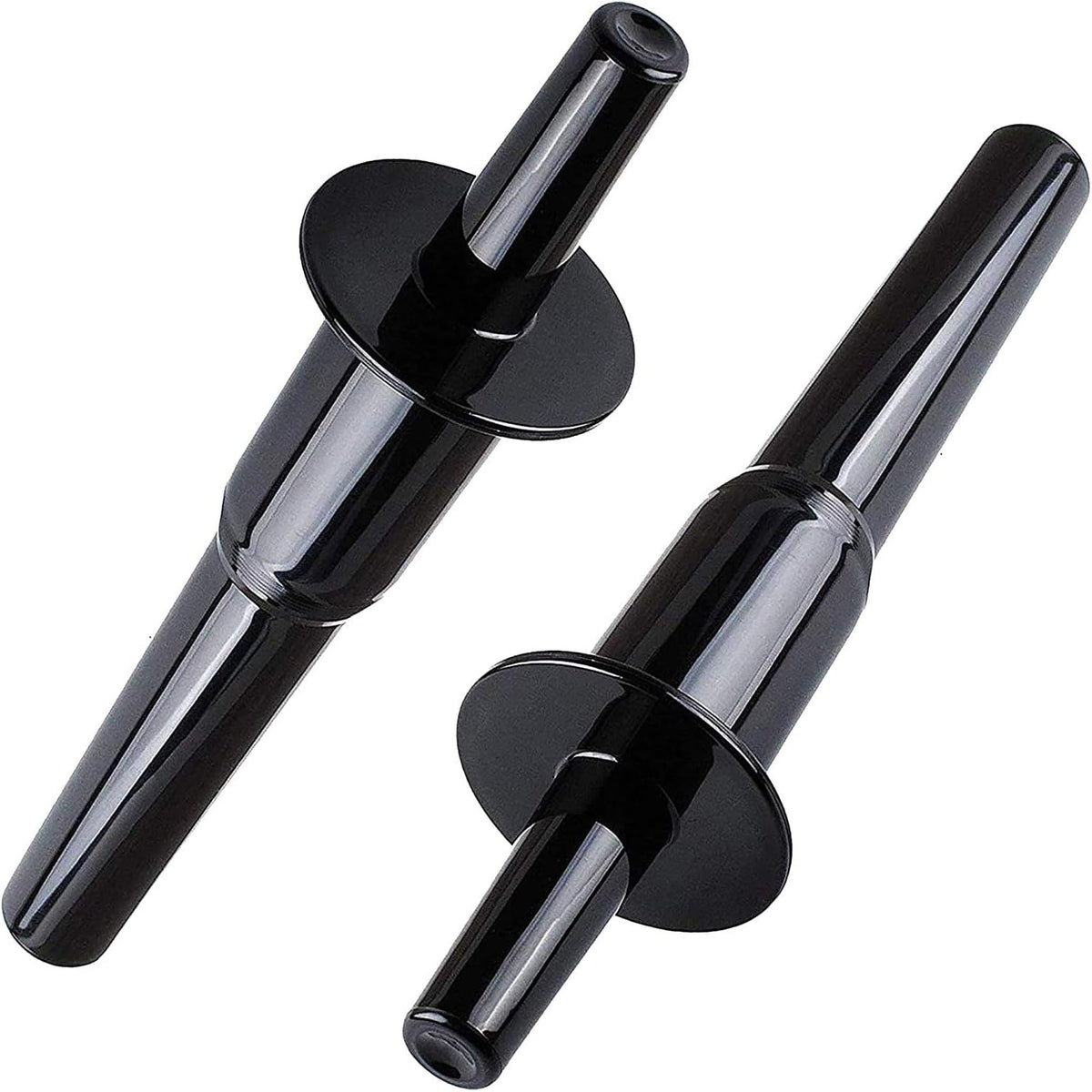 Two black plastic blender tamper tools for Vitamix blenders.