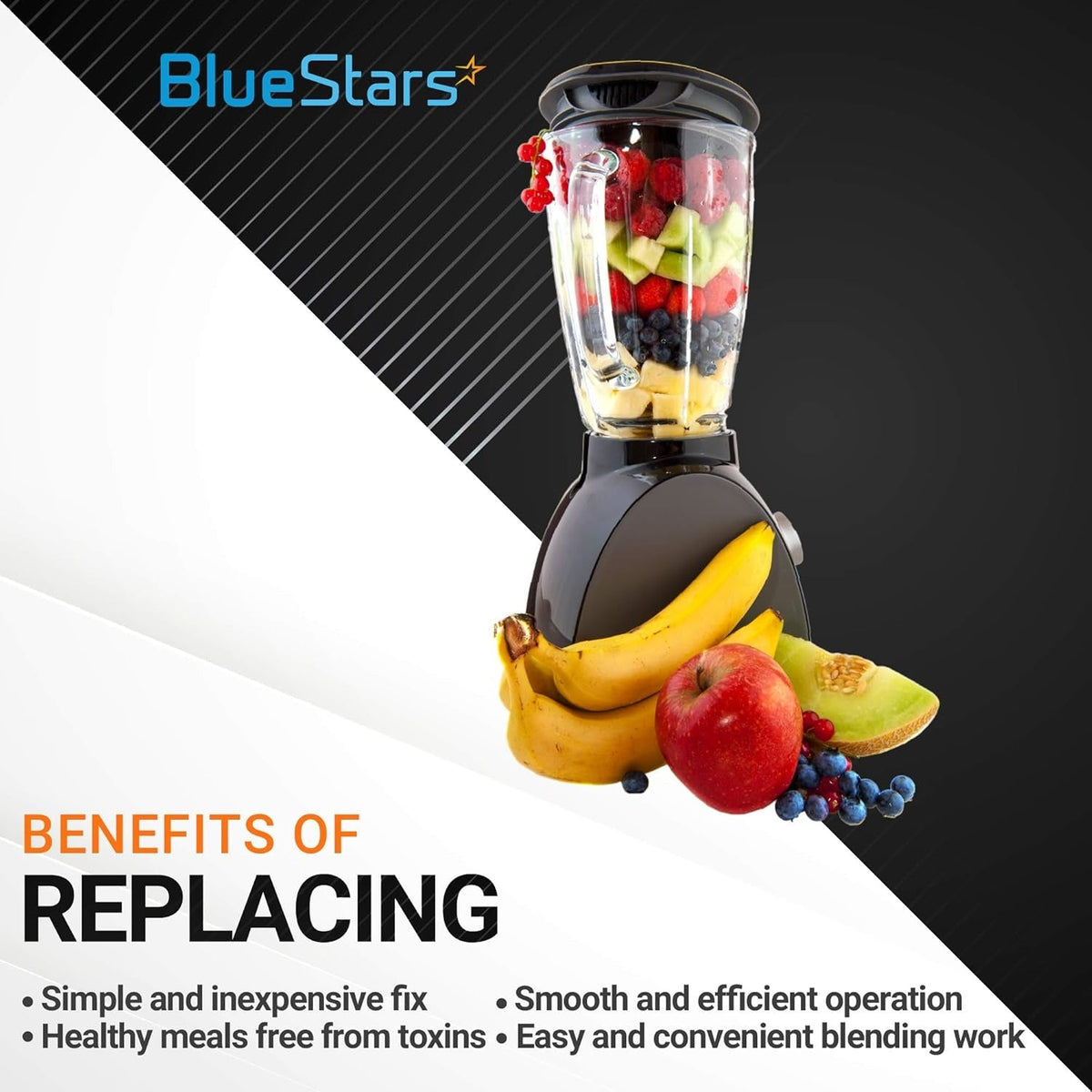 Blender with fruit and text graphic highlighting the benefits of replacing parts for efficient operation.