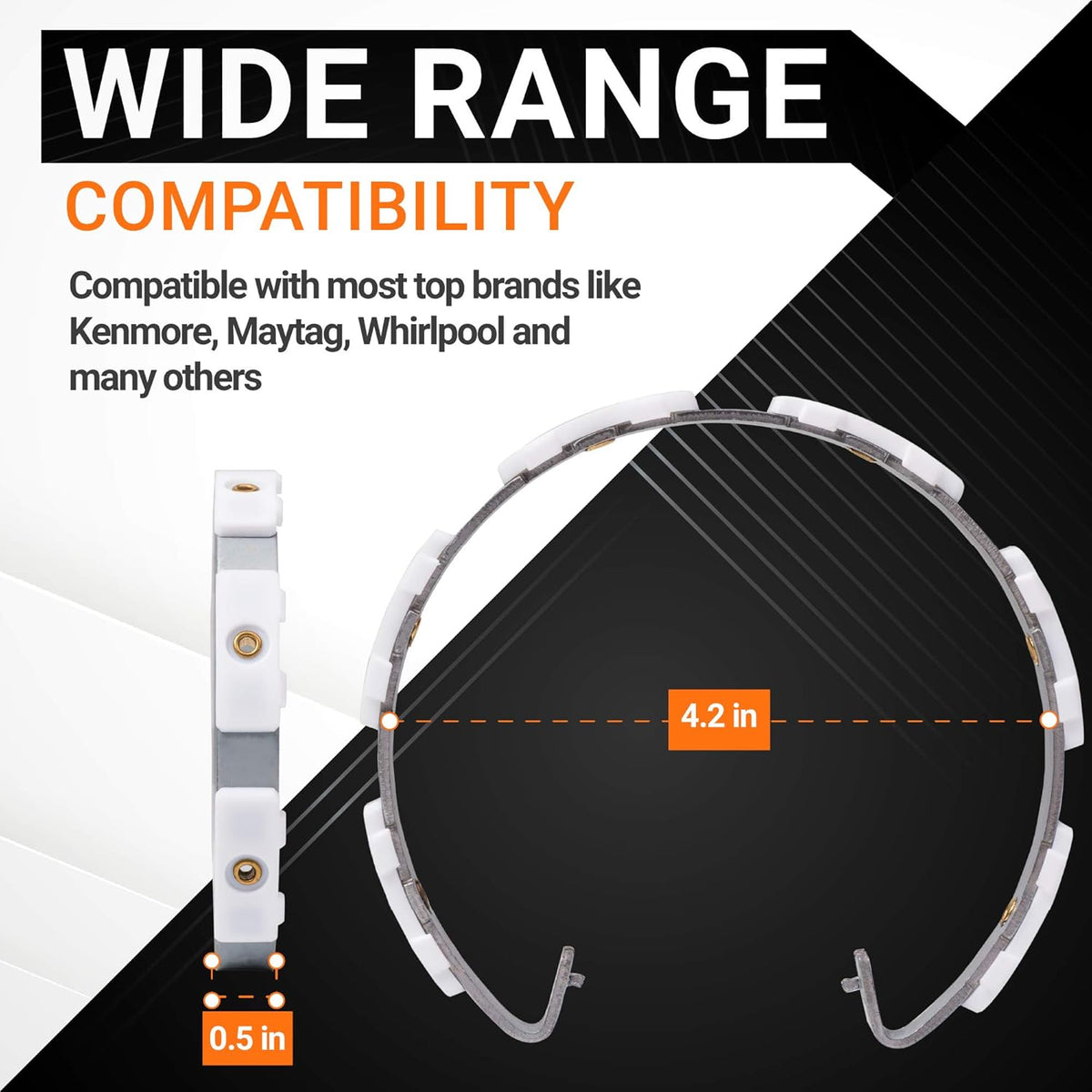 W10817888 washer clutch band showing 4.2-inch diameter and 0.5-inch width dimensions for Whirlpool and Kenmore washers.