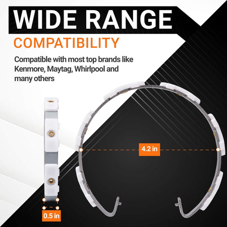 W10817888 washer clutch band showing 4.2-inch diameter and 0.5-inch width dimensions for Whirlpool and Kenmore washers.