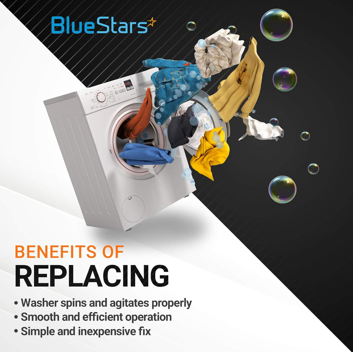BlueStars promotional graphic showing a washing machine with laundry to illustrate the benefits of replacing a clutch band.