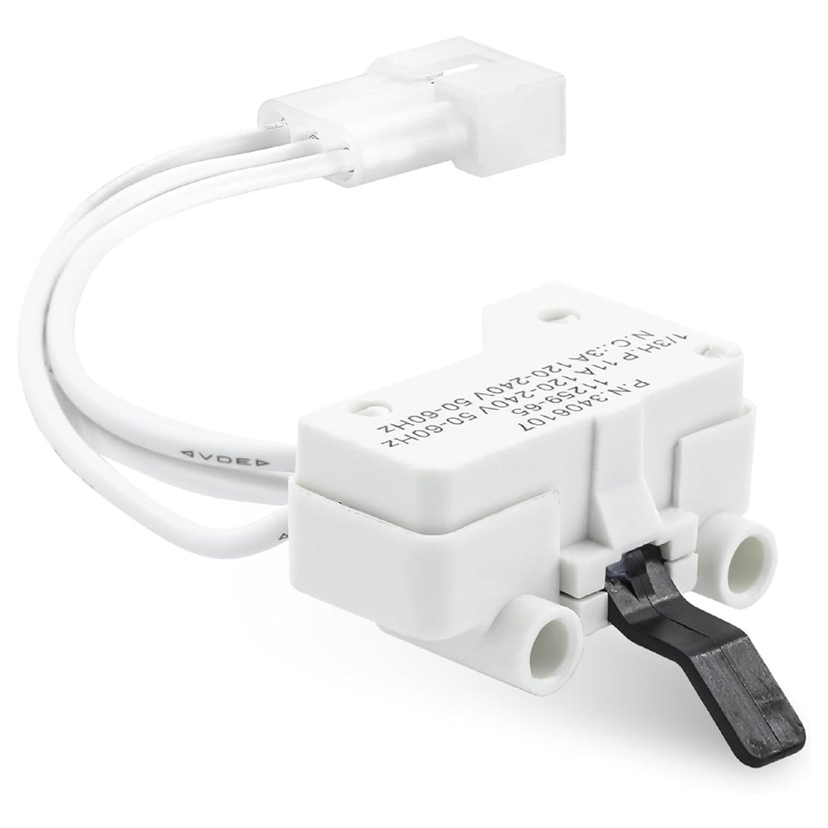 WP3406107 dryer door switch with white wire harness and black actuator lever for Whirlpool, Maytag, and Kenmore dryers.