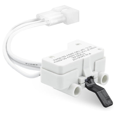 WP3406107 dryer door switch with white wire harness and black actuator lever for Whirlpool, Maytag, and Kenmore dryers.