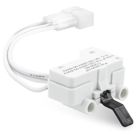 WP3406107 dryer door switch with white wire harness and black actuator lever for Whirlpool, Maytag, and Kenmore dryers.