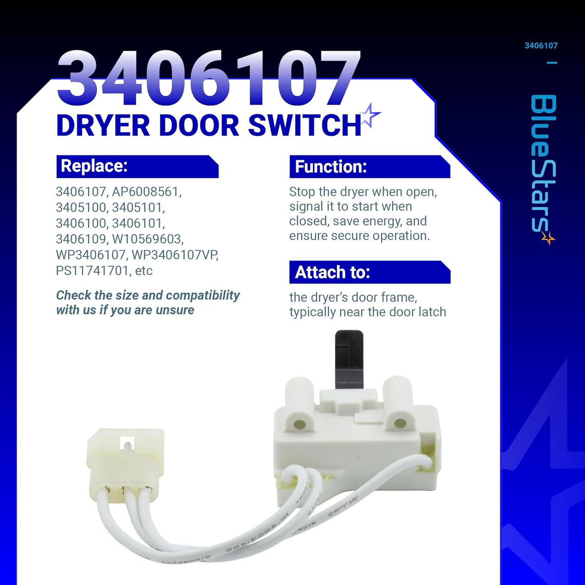 WP3406107 dryer door switch replacement part with wiring harness and connector shown on an informational product card.