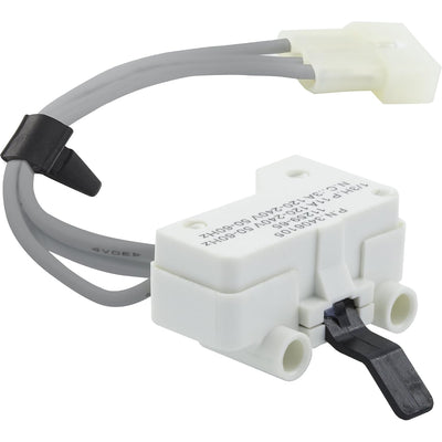3406105 Dryer Door Switch, front view with wiring harness and black actuator lever