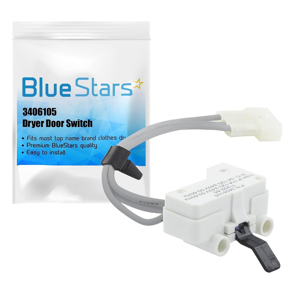 3406105 dryer door switch with wiring harness and connector in Blue Stars branded packaging.