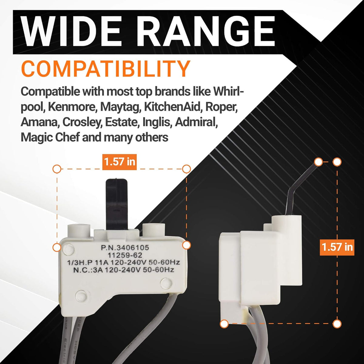 3406105 dryer door switch showing dimensions and compatibility for Kenmore, Whirlpool, and KitchenAid appliances.