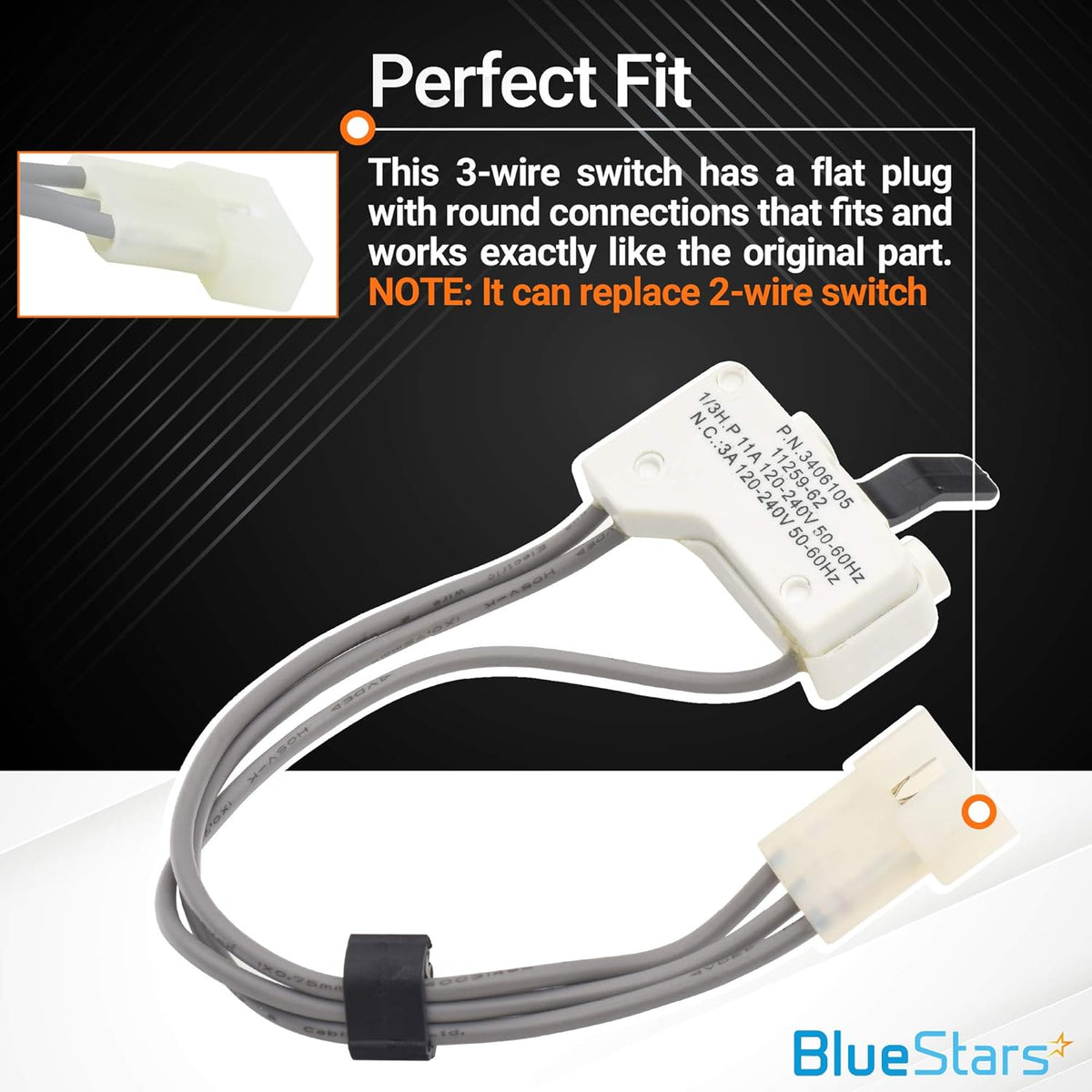 3406105 dryer door switch with 3-wire harness and flat plug connector for Kenmore and Whirlpool dryers.