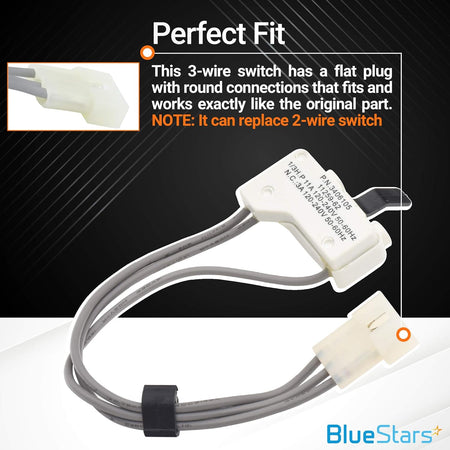 3406105 dryer door switch with 3-wire harness and flat plug connector for Kenmore and Whirlpool dryers.
