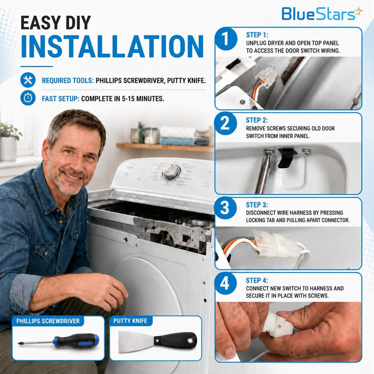 3406105 Dryer Door Switch installation guide showing four steps for removing and replacing the switch