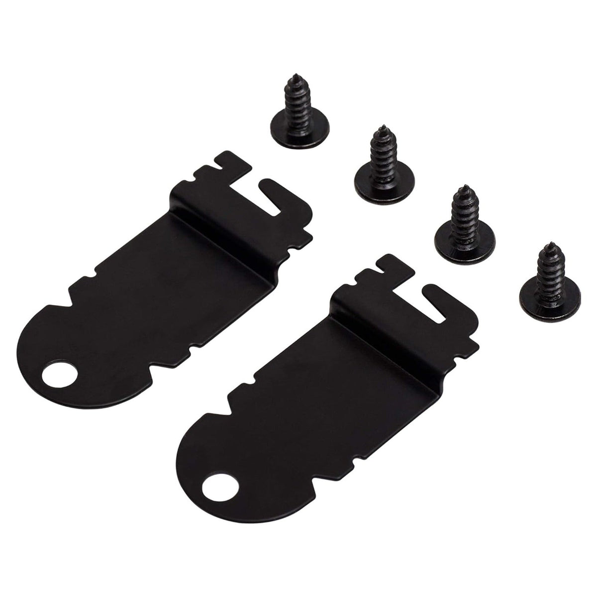 Two black dishwasher side mounting brackets with four matching installation screws.