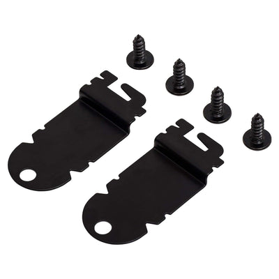 Two black dishwasher side mounting brackets with four matching installation screws.