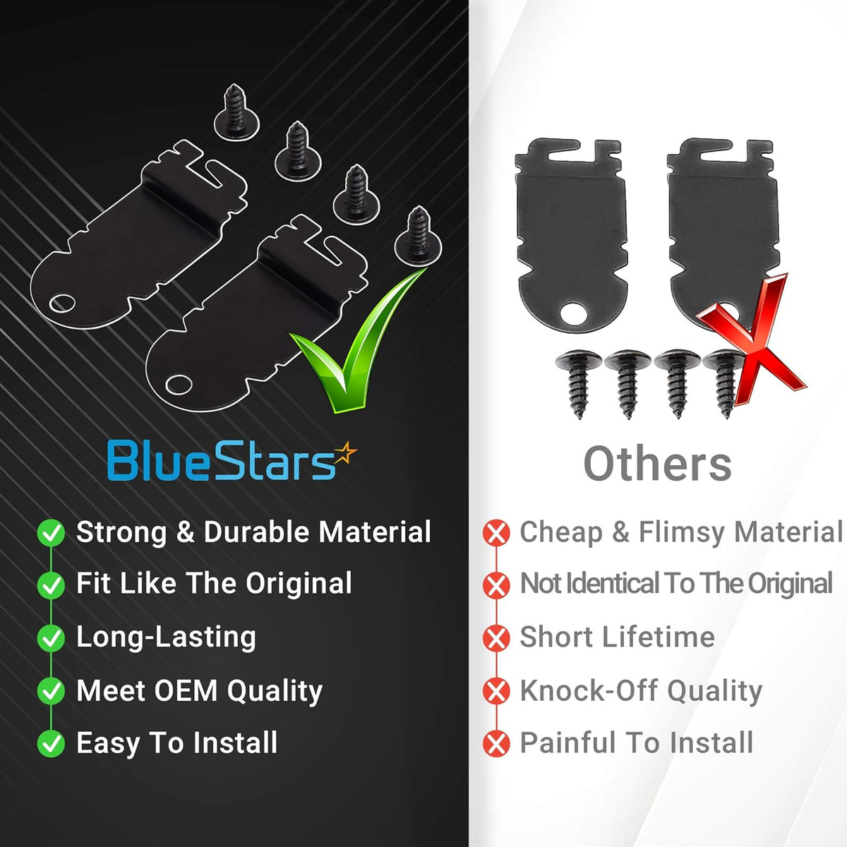 Comparison chart showing BlueStars dishwasher side mounting brackets versus generic alternatives.