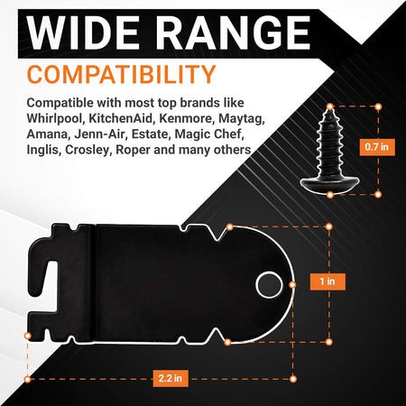 Dishwasher side mounting bracket and screw with dimensions shown for Whirlpool and Kenmore compatibility.