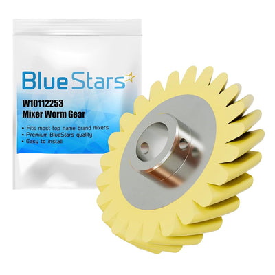 W10112253 replacement mixer worm gear with metal center hub and yellow plastic teeth in BlueStars packaging.