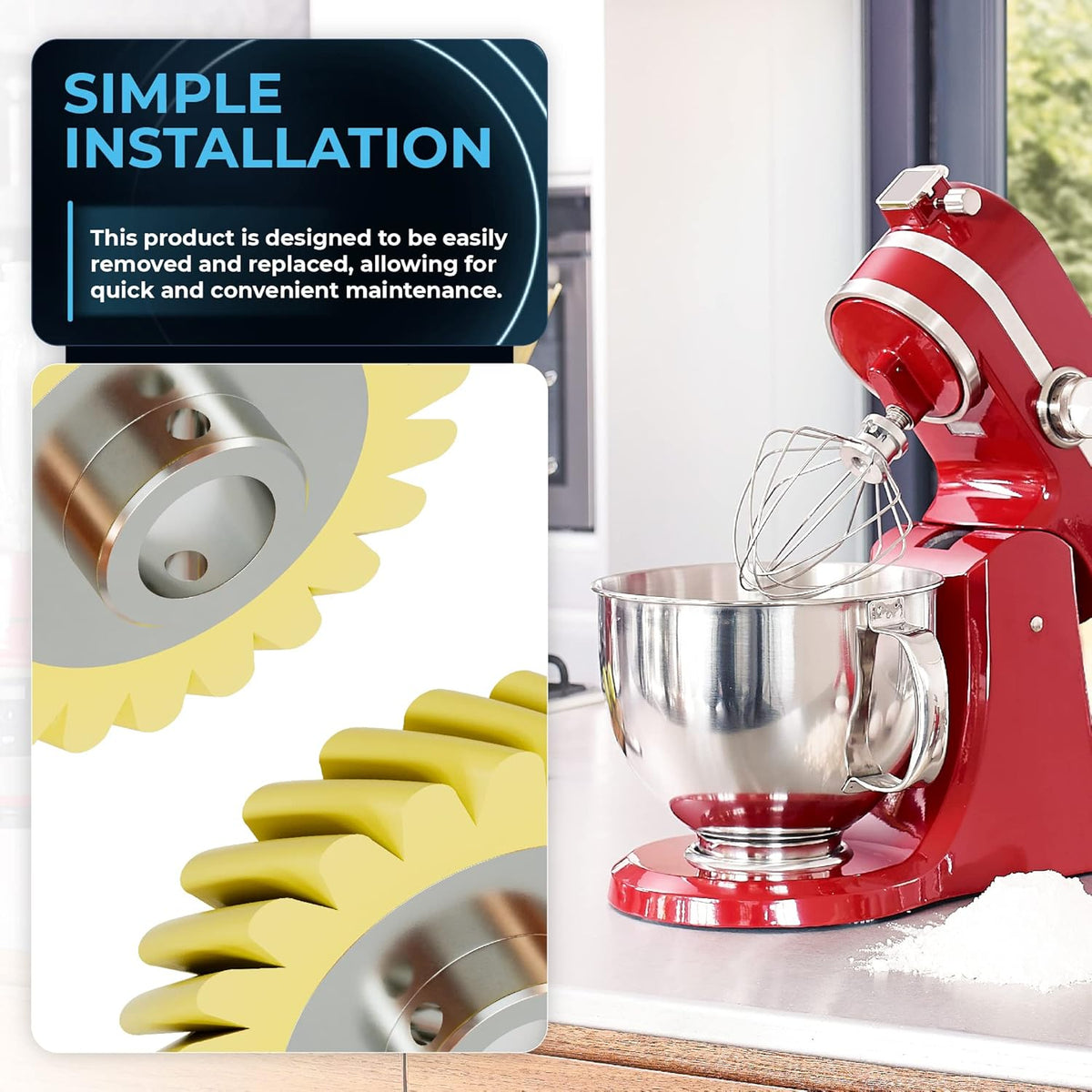 W10112253 mixer worm gear close-up with simple installation graphic and red stand mixer.