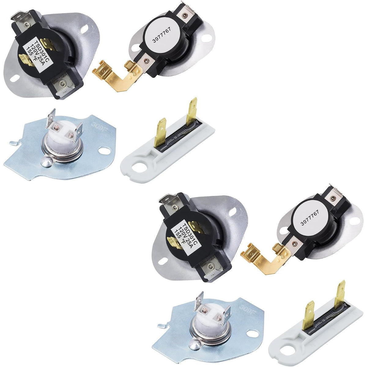 3387134 Cycling Thermostat, 3392519 Thermal Fuse, 3977393 Cut-off Switch and 3977767 Thermostat Kit, two sets shown