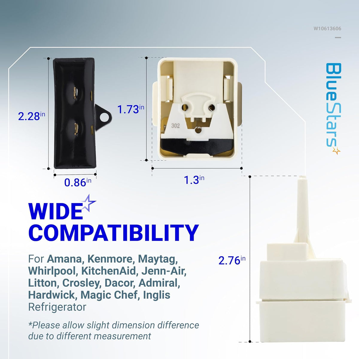 W10613606 refrigerator compressor start relay and capacitor with labeled dimensions and compatibility list.