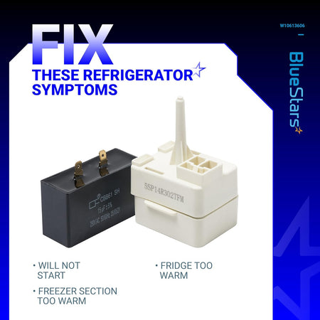 W10613606 refrigerator compressor start relay and capacitor set for Whirlpool, KitchenAid, and Kenmore refrigerators.