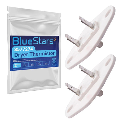 Two 8577274 dryer thermistor replacements with packaging for Whirlpool, Kenmore, and KitchenAid dryers.