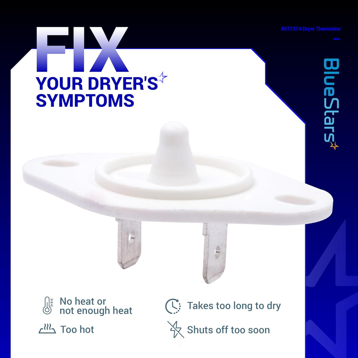 Close-up of 8577274 dryer thermistor replacement part for Whirlpool, Kenmore, and KitchenAid dryers.