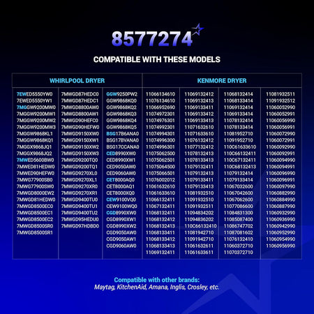 Compatibility chart for 8577274 dryer thermistor listing Whirlpool and Kenmore model numbers.