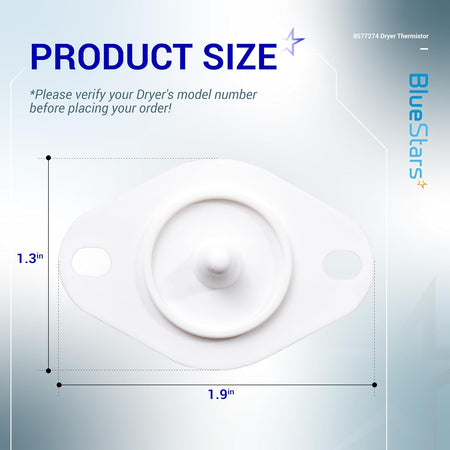Dimensional diagram of 8577274 dryer thermistor showing 1.9-inch width and 1.3-inch height.