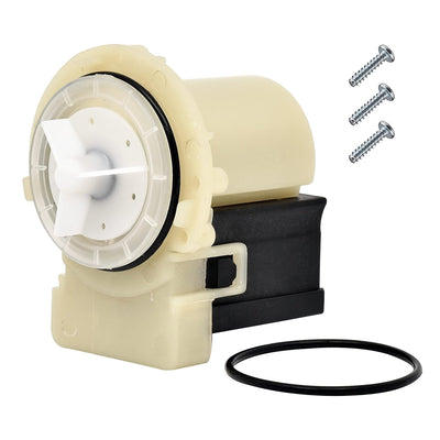 Askoll m75 washer drain pump motor with three mounting screws and a rubber O-ring seal.