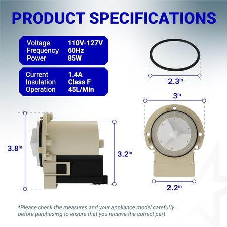 Technical specification diagram showing dimensions and electrical ratings for Askoll m75 washer drain pump motor.