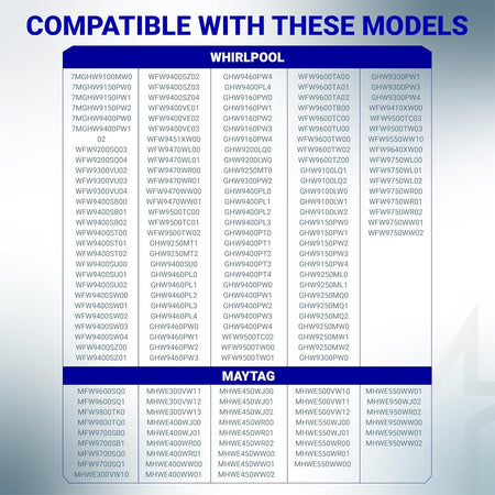 Compatibility chart for Askoll M75 washer drain pump motor listing Whirlpool and Maytag model numbers.