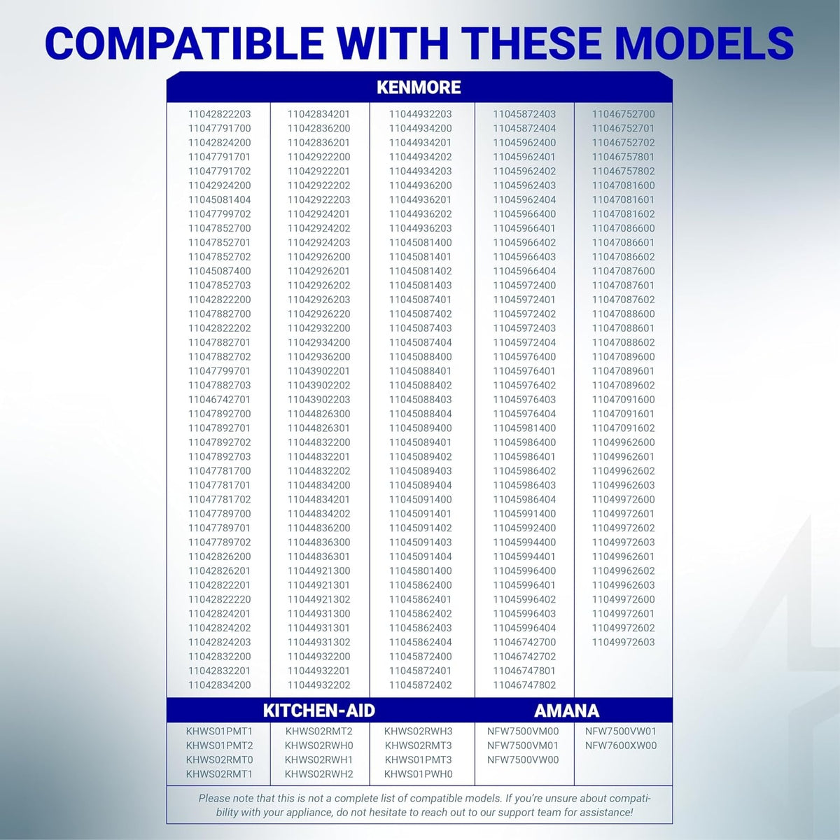 List of Kenmore, KitchenAid, and Amana washer model numbers compatible with the 280187 drain pump motor.