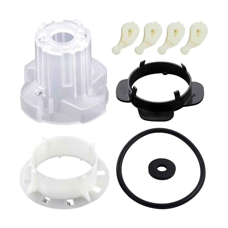 Whirlpool and Kenmore washer agitator repair kit including cam, agitator dogs, and seals.