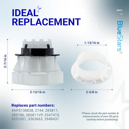 285811 medium cam agitator repair kit components with labeled dimensions for Whirlpool and Kenmore washers.
