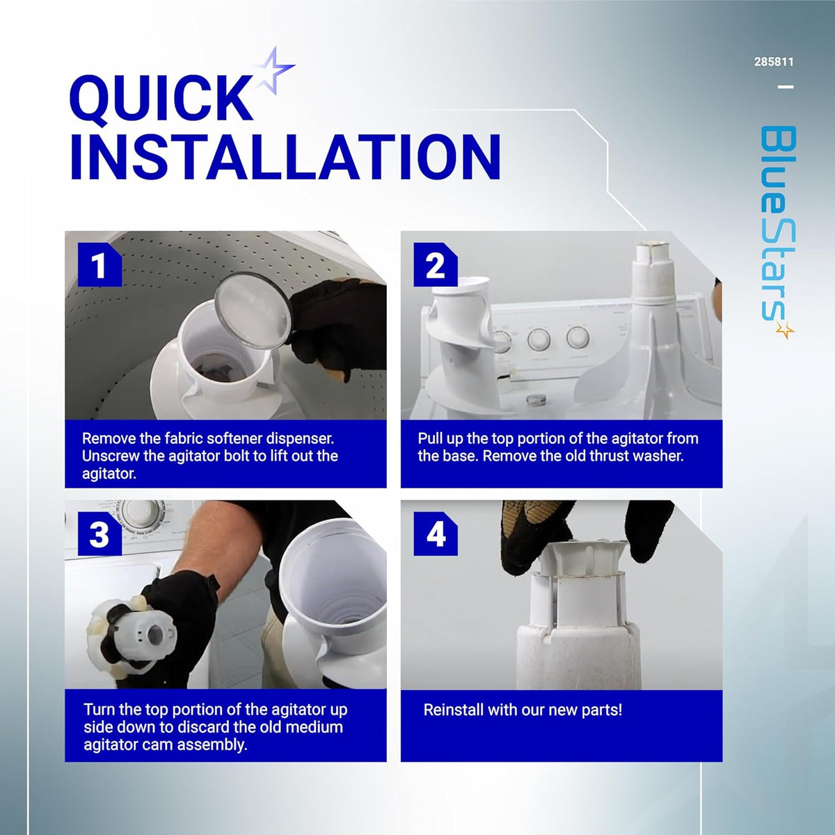 Four-step installation guide for 285811 medium cam agitator repair kit for Whirlpool and Kenmore washers.