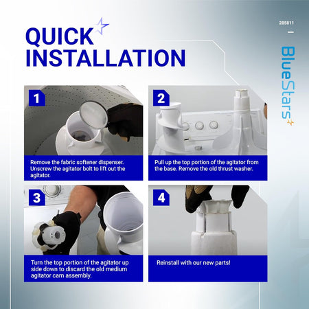 Four-step installation guide for 285811 medium cam agitator repair kit for Whirlpool and Kenmore washers.