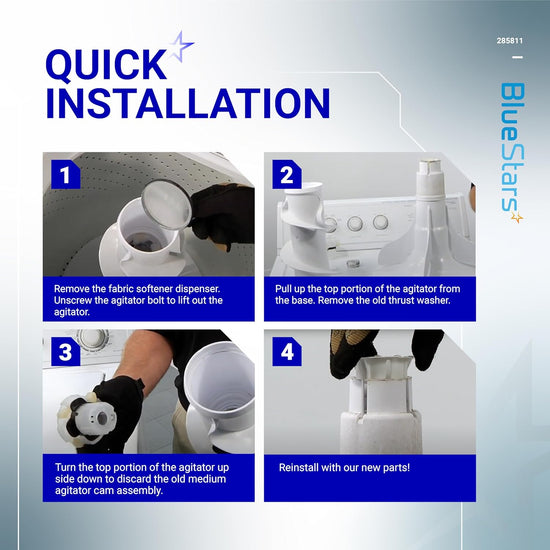 Four-step installation guide for 285811 medium cam agitator repair kit for Whirlpool and Kenmore washers.