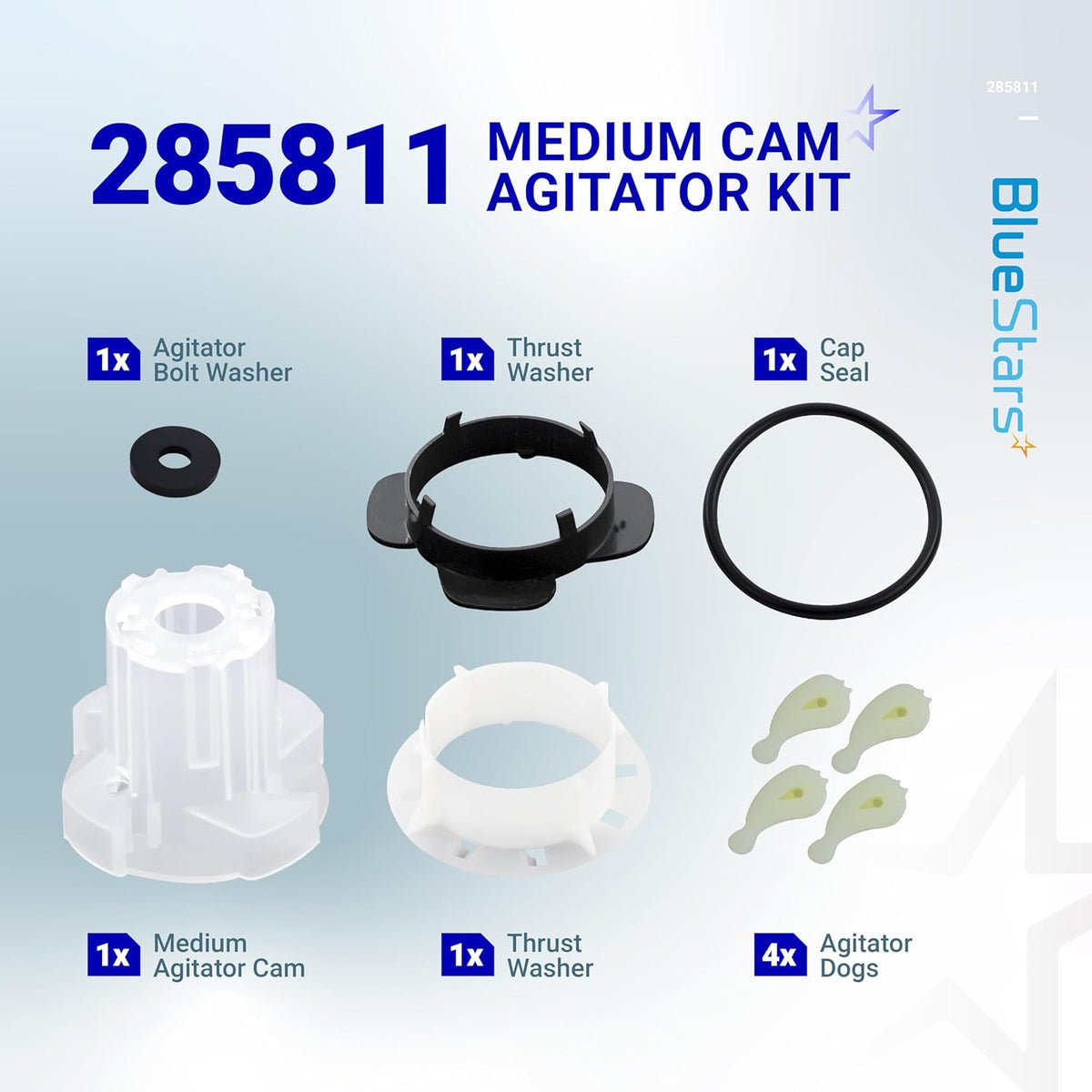 Components of 285811 medium cam agitator repair kit for Whirlpool and Kenmore washers including cam, dogs, and washers.