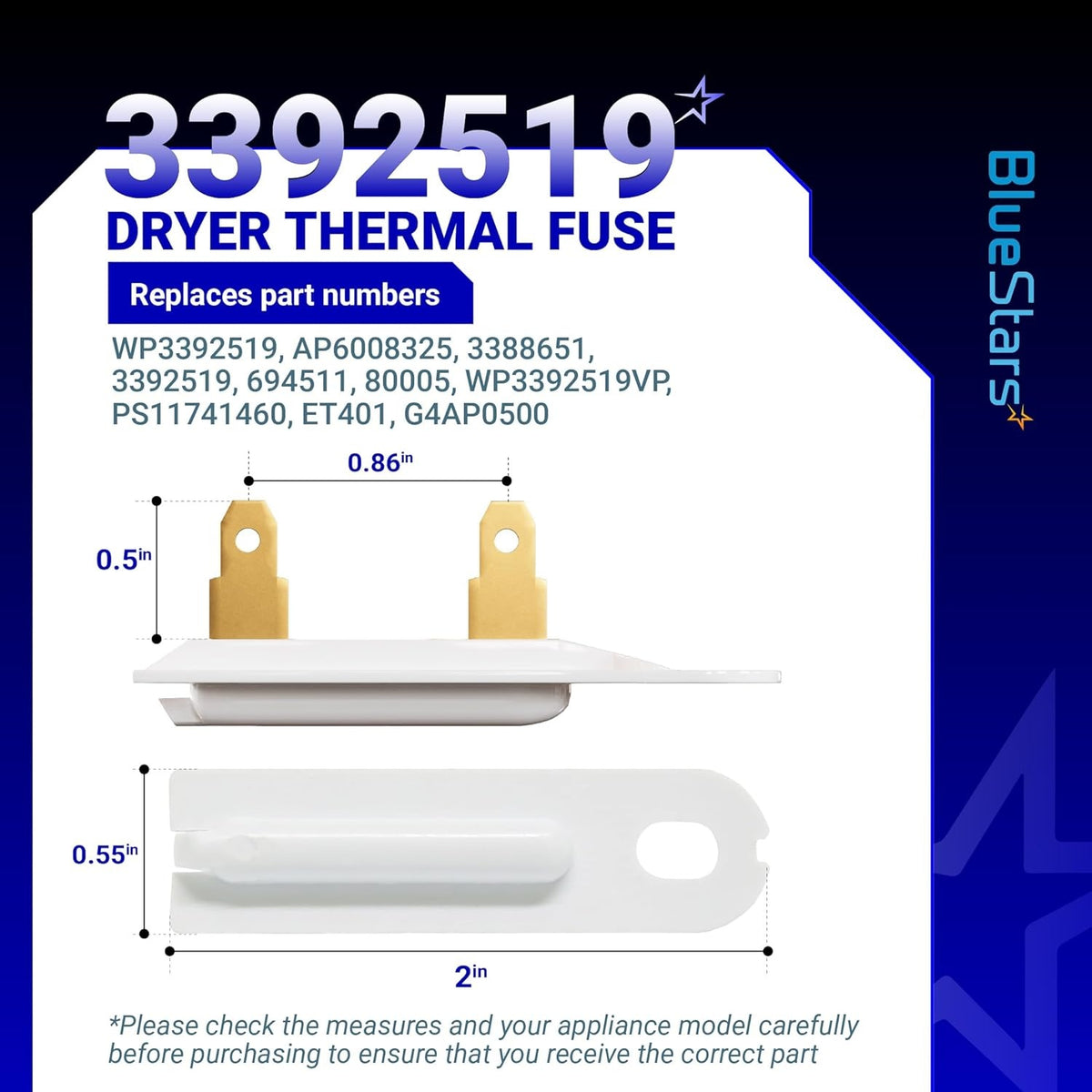 Technical diagram of 3392519 dryer thermal fuse with dimensions for Whirlpool, Kenmore, and Maytag appliances.