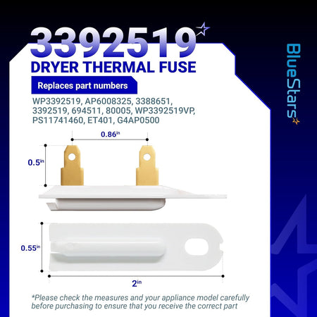 Technical diagram of 3392519 dryer thermal fuse with dimensions for Whirlpool, Kenmore, and Maytag appliances.