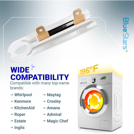 3392519 dryer thermal fuse replacement part with compatibility list for Whirlpool, Kenmore, and Maytag dryers.