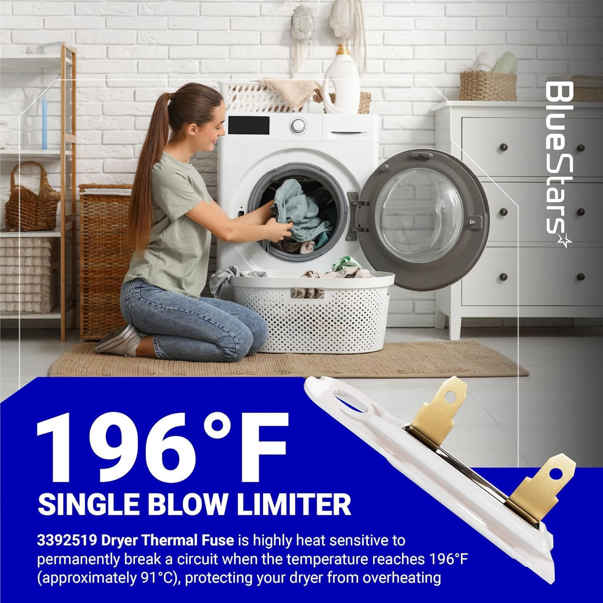 3392519 dryer thermal fuse 196°F single blow limiter component for Whirlpool, Kenmore, and Maytag dryers.