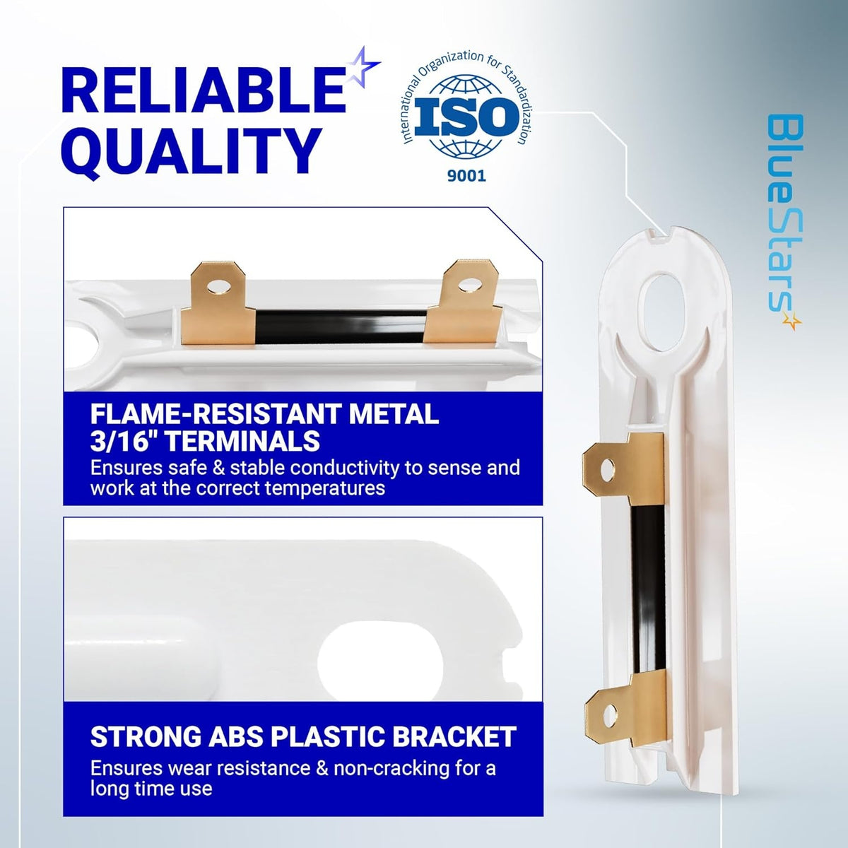Infographic showing 3392519 dryer thermal fuse features including flame-resistant metal terminals and ABS plastic bracket.