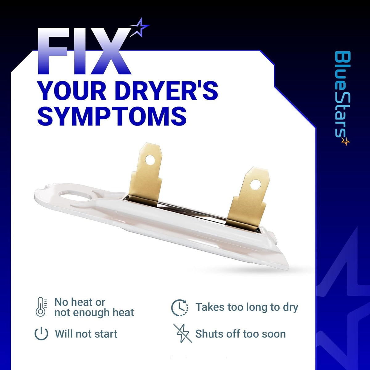 3392519 dryer thermal fuse replacement part shown with common dryer symptom troubleshooting guide.