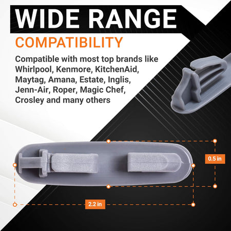 Infographic showing dimensions and compatibility for dishwasher upper rack slide rail stop clip WP8565925.