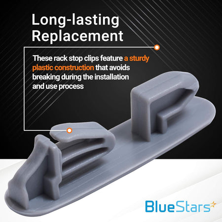 Close-up of a grey plastic dishwasher upper rack slide rail stop clip replacement part.