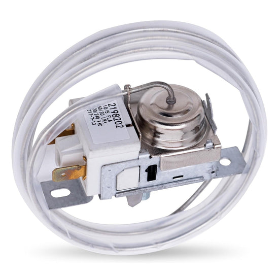 2198202 refrigerator cold control thermostat replacement with coiled capillary tube for Whirlpool and Kenmore refrigerators.