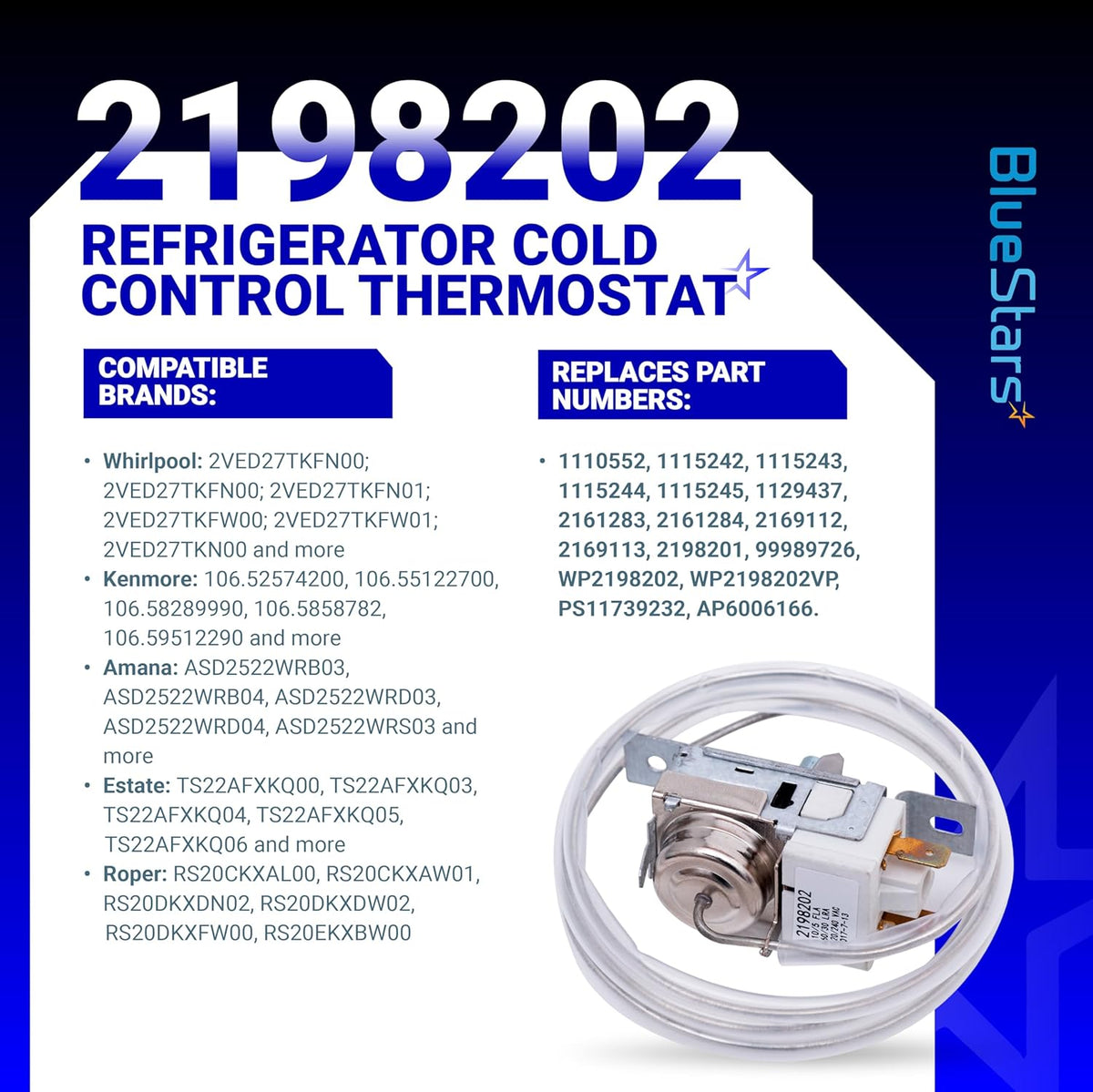 2198202 refrigerator cold control thermostat replacement part with compatibility and cross-reference information graphic.